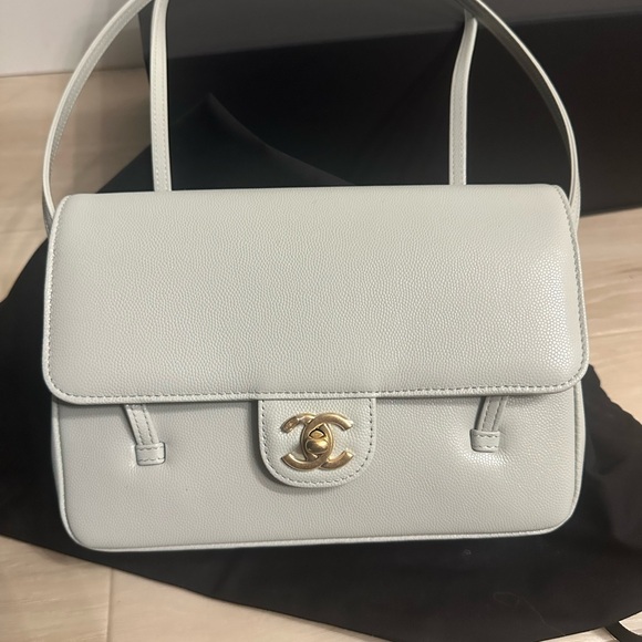 CHANEL Handbags - CHANEL Light green/grey Leather Shoulder Bag with Gold Logo